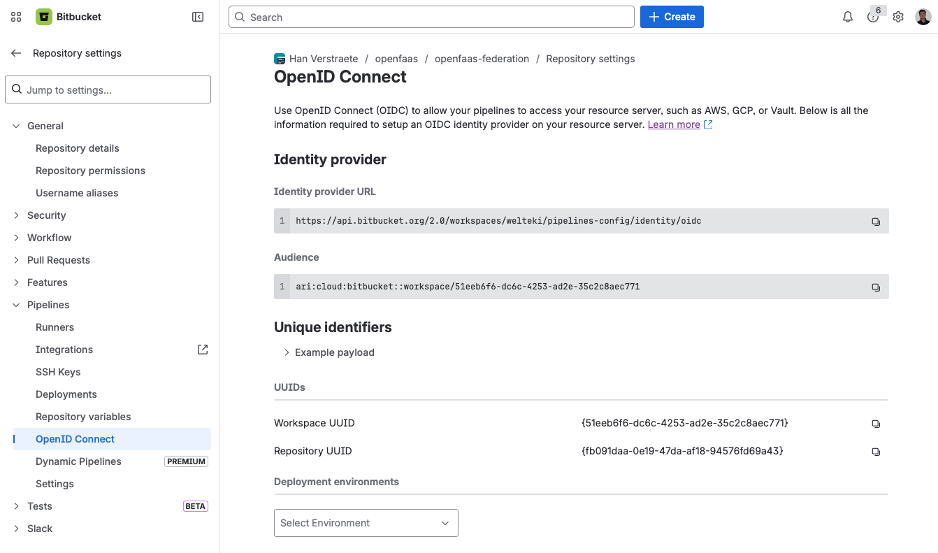 Bitbucket OpenID Connect settings page