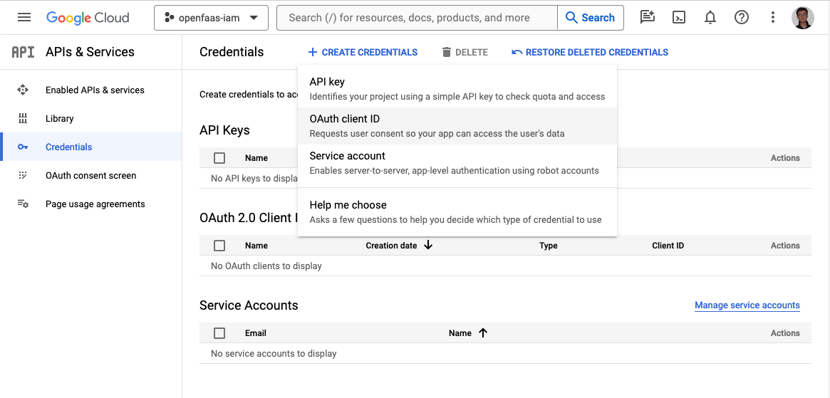 Google API console OAuth 2.0 credentials